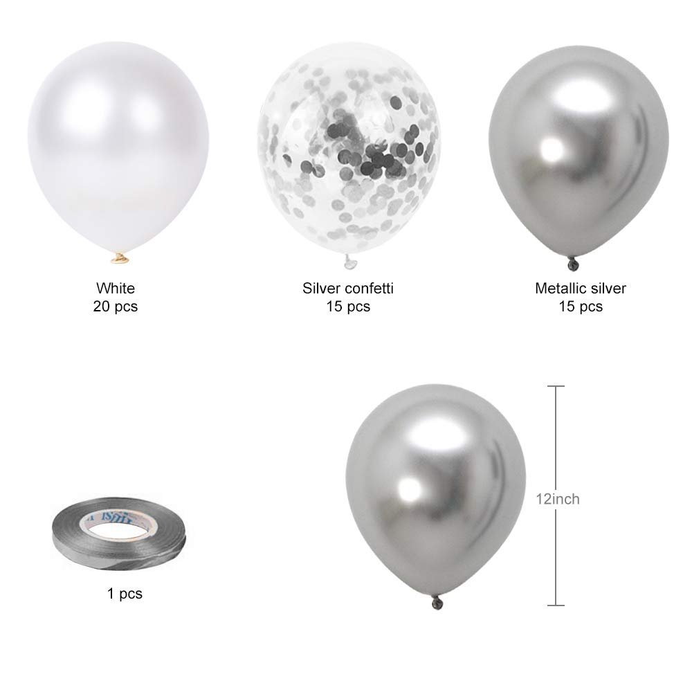 Set of white, silver confetti, and metallic silver balloons with ribbon and size indicator