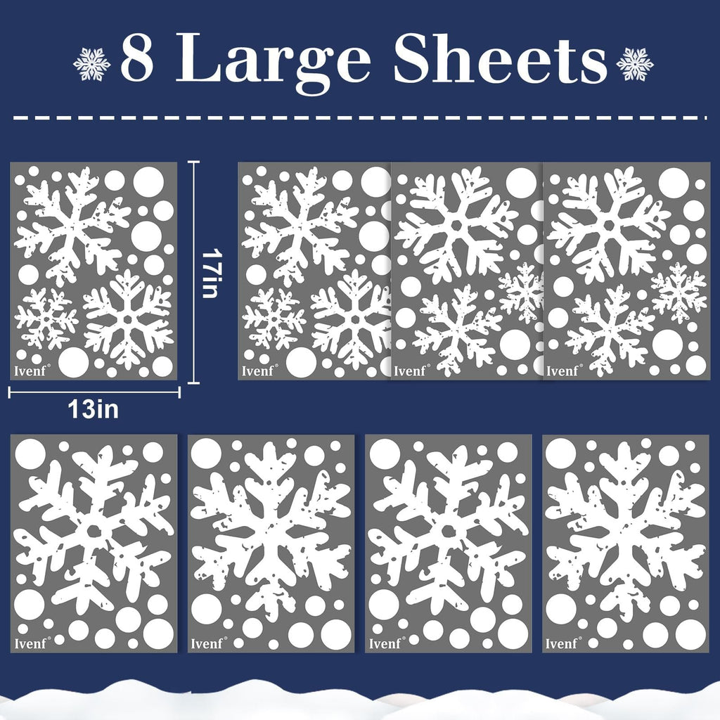 Eight sheets of white snowflake Christmas window clings, showing various sizes of snowflakes and circles on a gray background. Dimensions 17in x 13in are indicated.