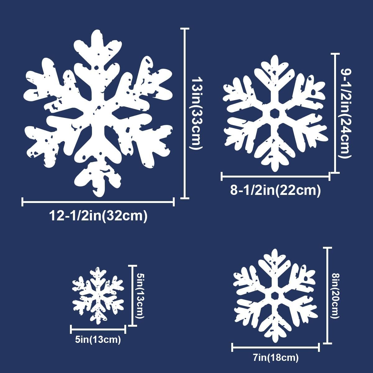 Four white snowflake window clings of varying sizes with dimension labels on a dark blue background.