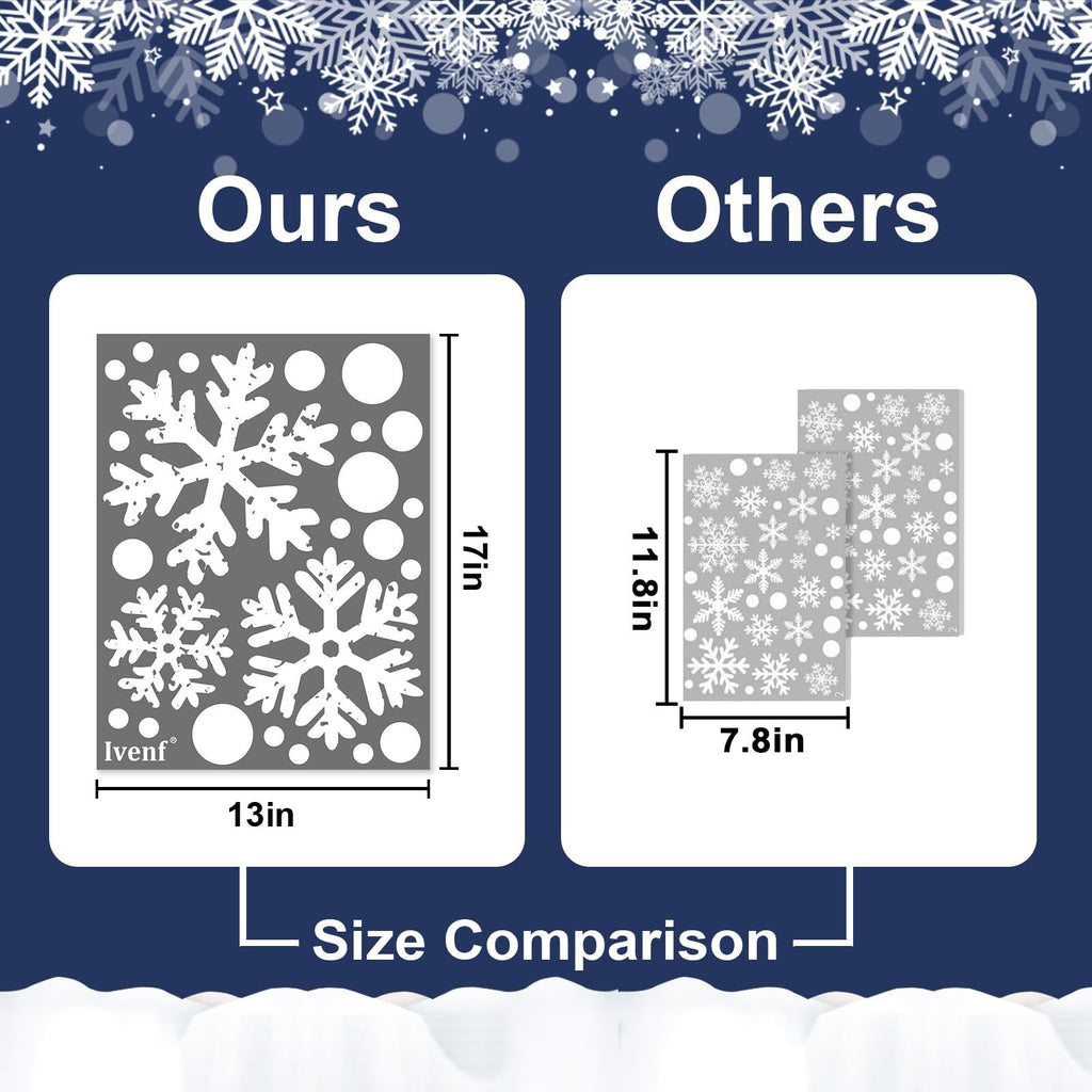 Comparison of snowflake window clings, showing product dimensions 13x17 inches versus competitor product dimensions 7.8x11.8 inches.