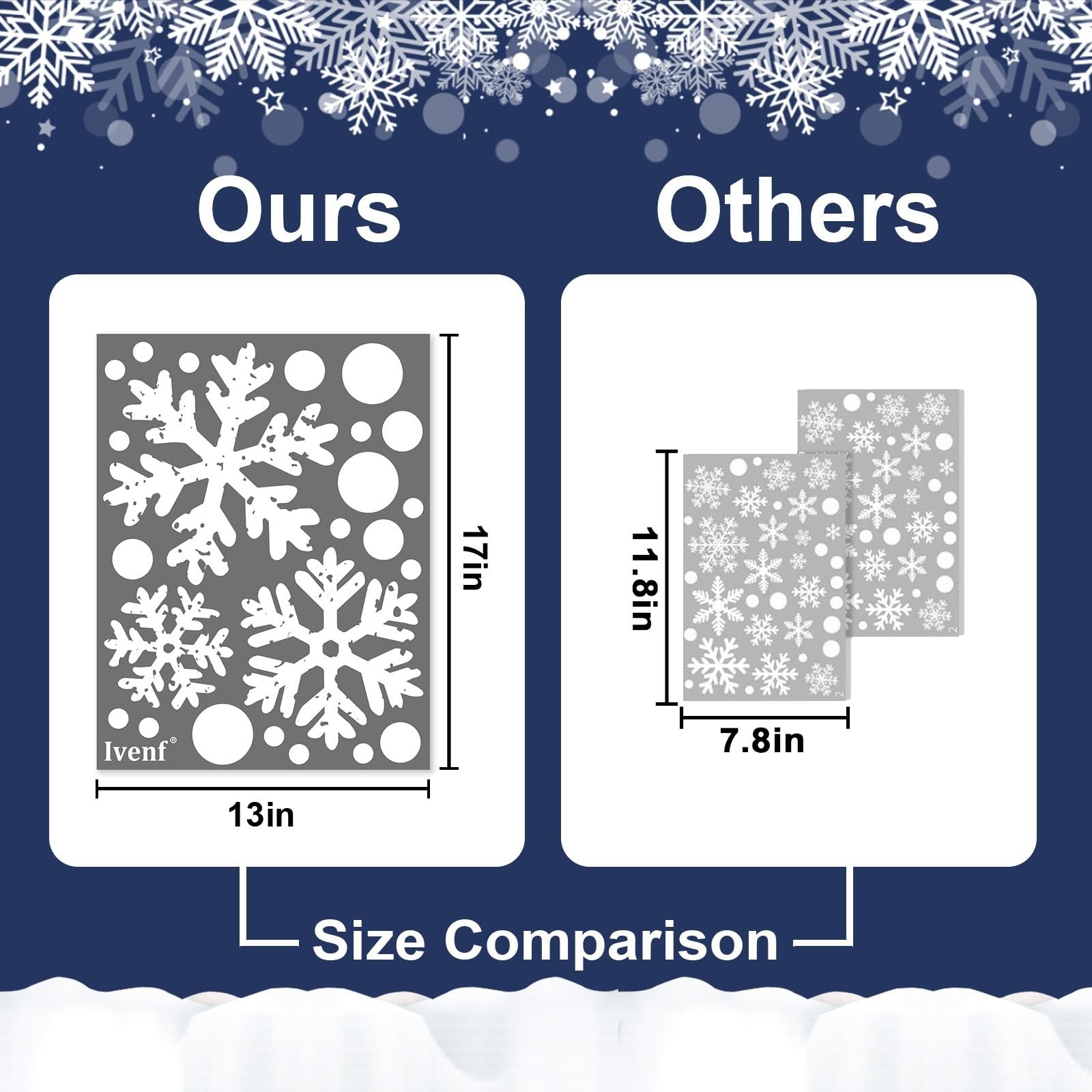 Comparison of snowflake window clings, showing product dimensions 13x17 inches versus competitor product dimensions 7.8x11.8 inches.