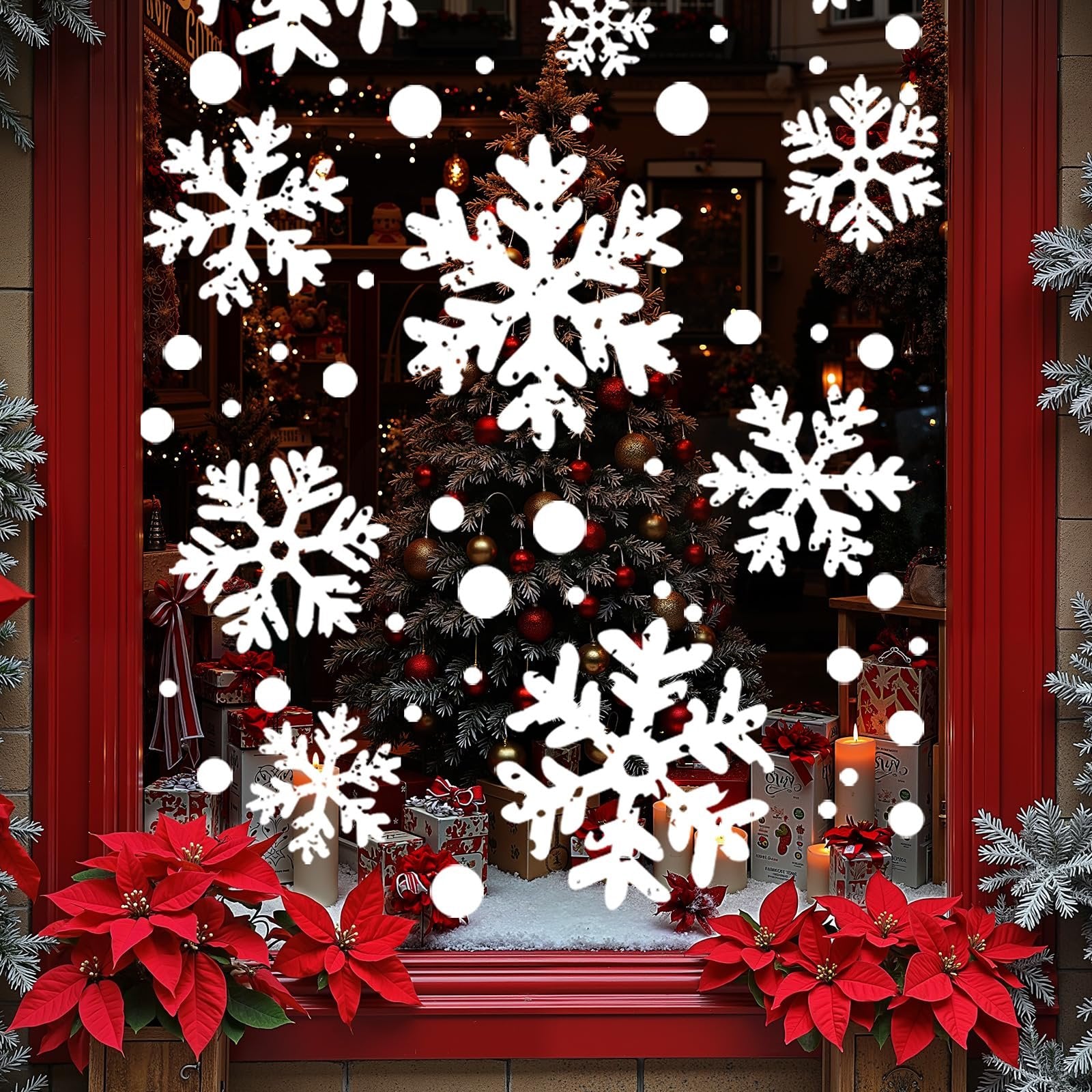 White snowflake window clings applied to a window with a Christmas tree and gifts visible behind.