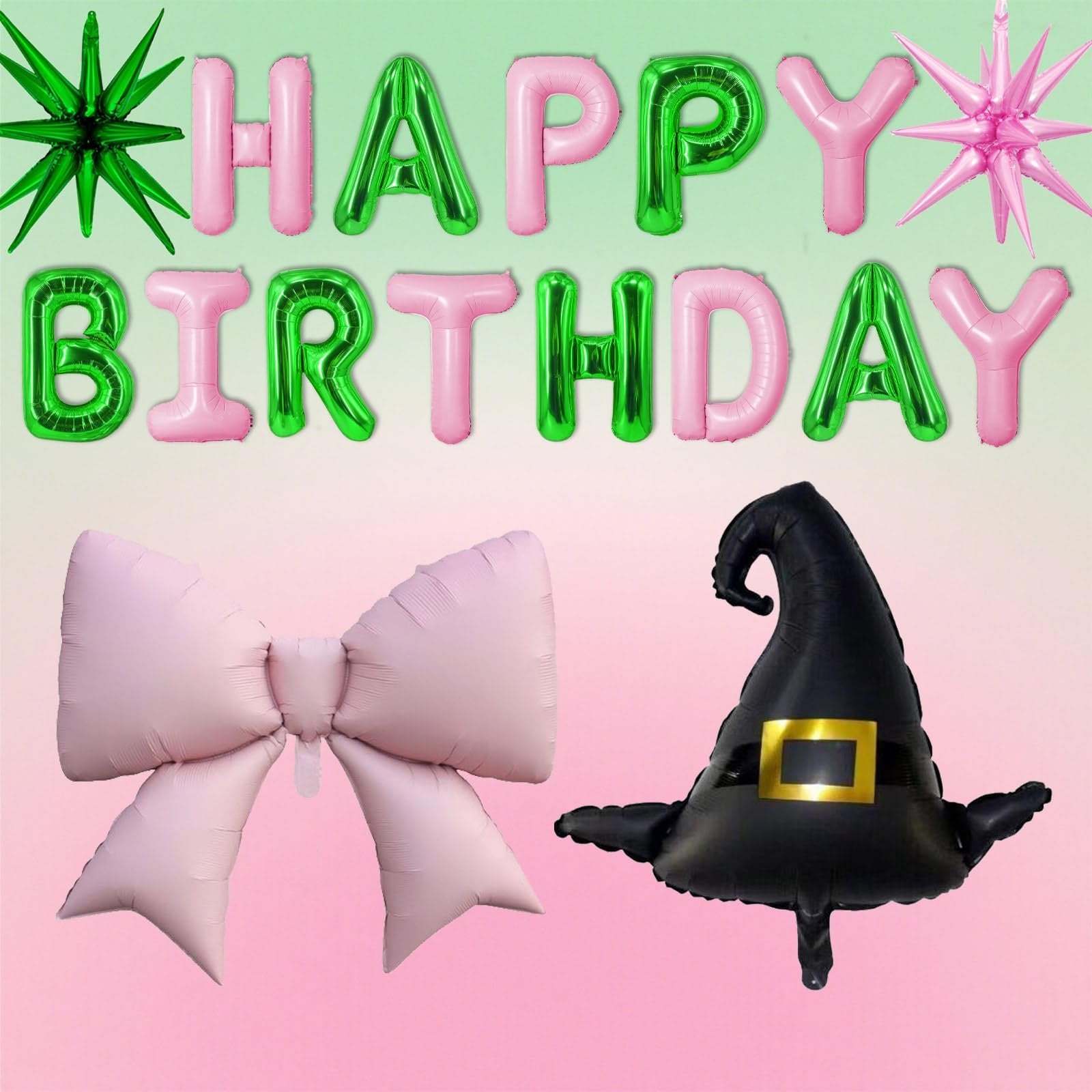 Green and pink foil balloons spelling HAPPY BIRTHDAY, with a pink bow and a black witch hat balloon.