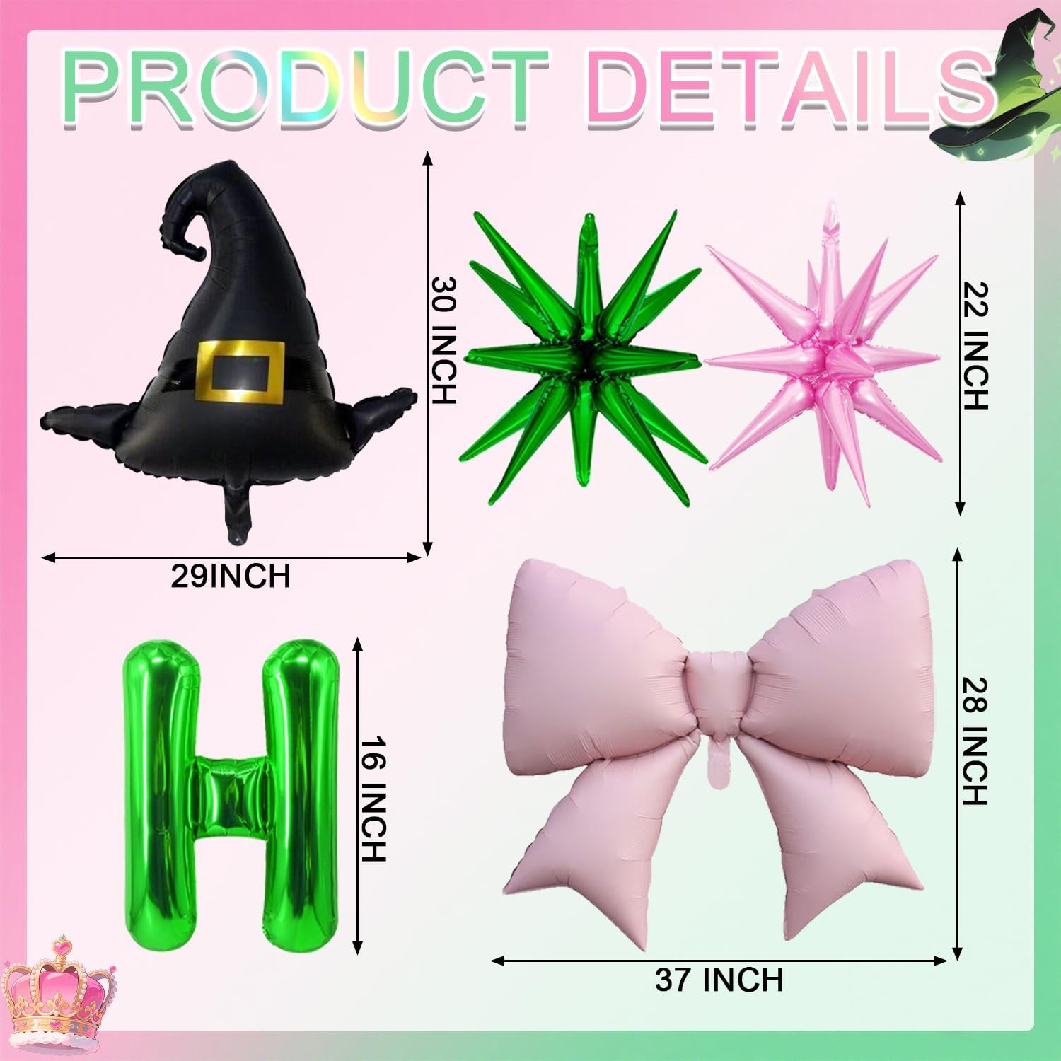 Wicked theme birthday balloon set including a witch hat, starbursts, letter H, and a bow, with size dimensions indicated.