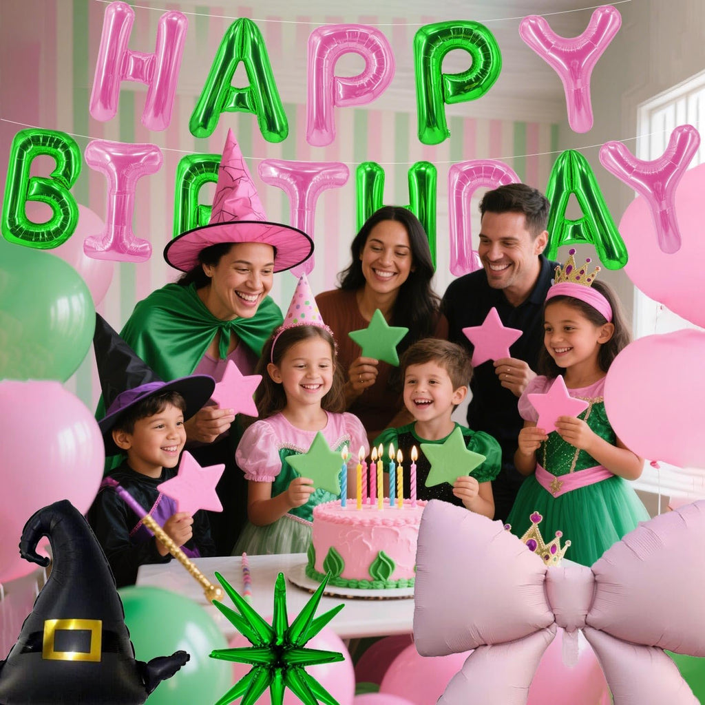 Family celebrating a birthday with green and pink balloons, a cake, and witch-themed decorations.