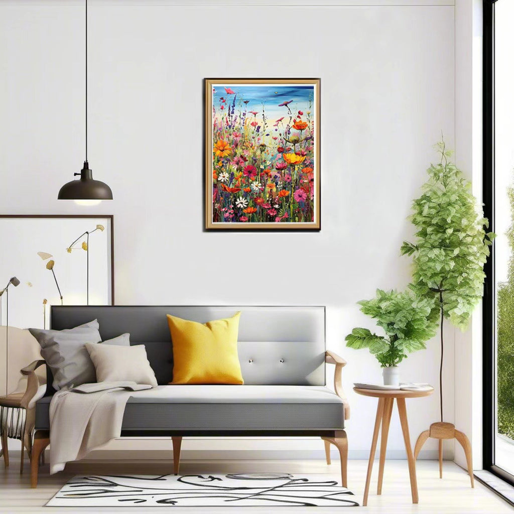 Framed painting of a vibrant field of wildflowers hanging on a wall above a sofa with decorative pillows.