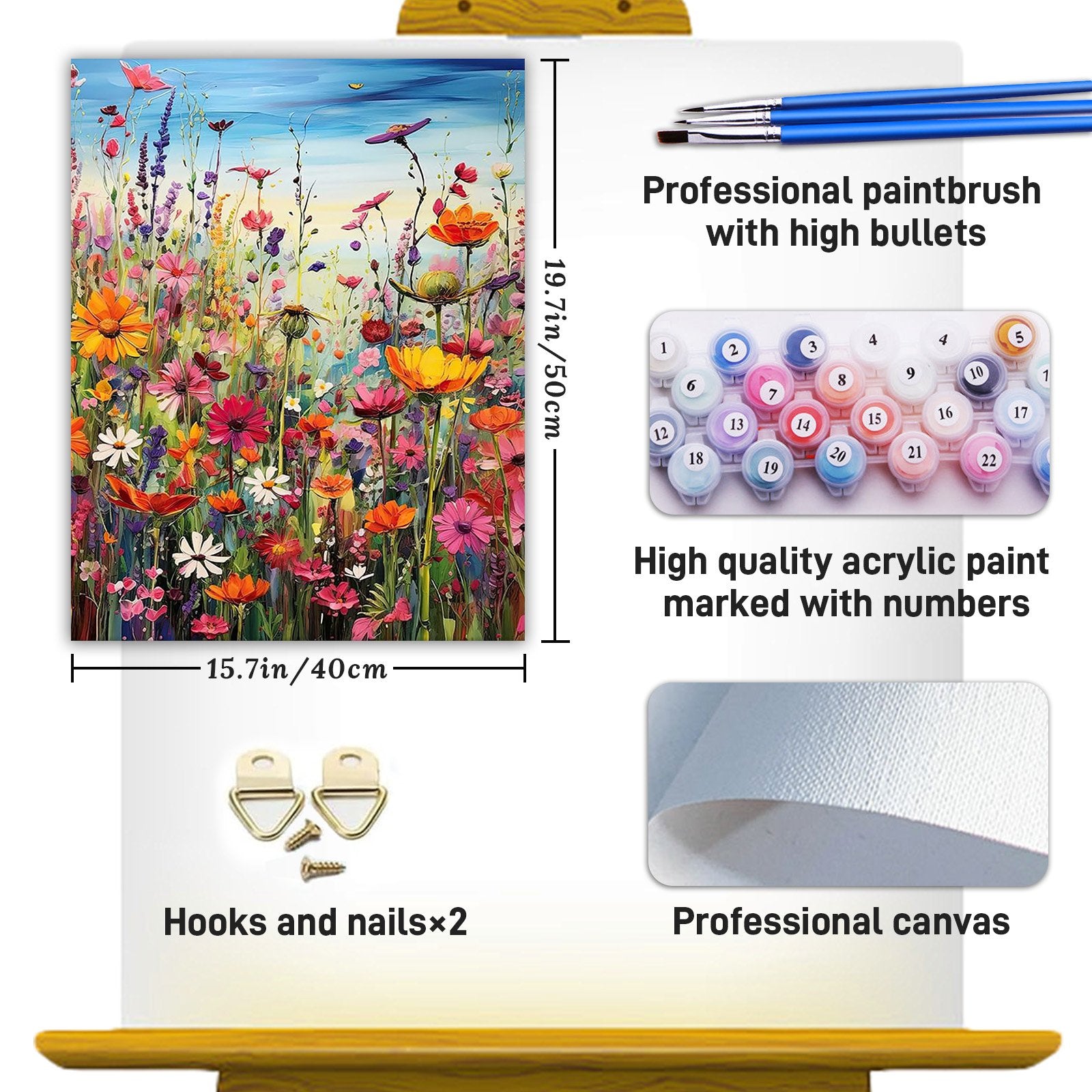 Paint by numbers kit showing a vibrant wildflower field, canvas dimensions, paint pots, brushes, and hanging hardware.