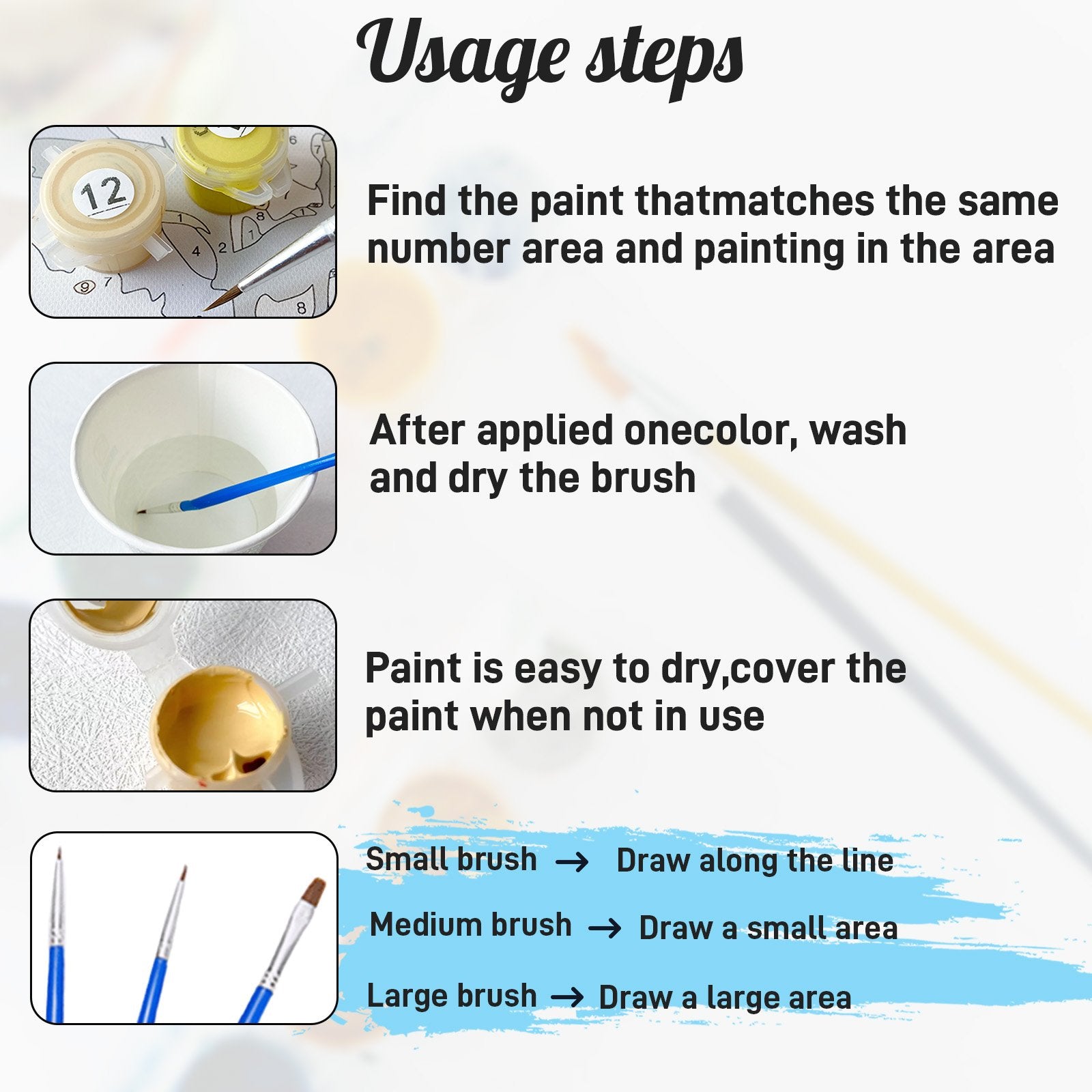 Paint by numbers usage steps showing paint pots, brush washing, paint covering, and brush size guide.