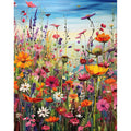 Impressionistic painting of a vibrant field of wildflowers under a blue sky.