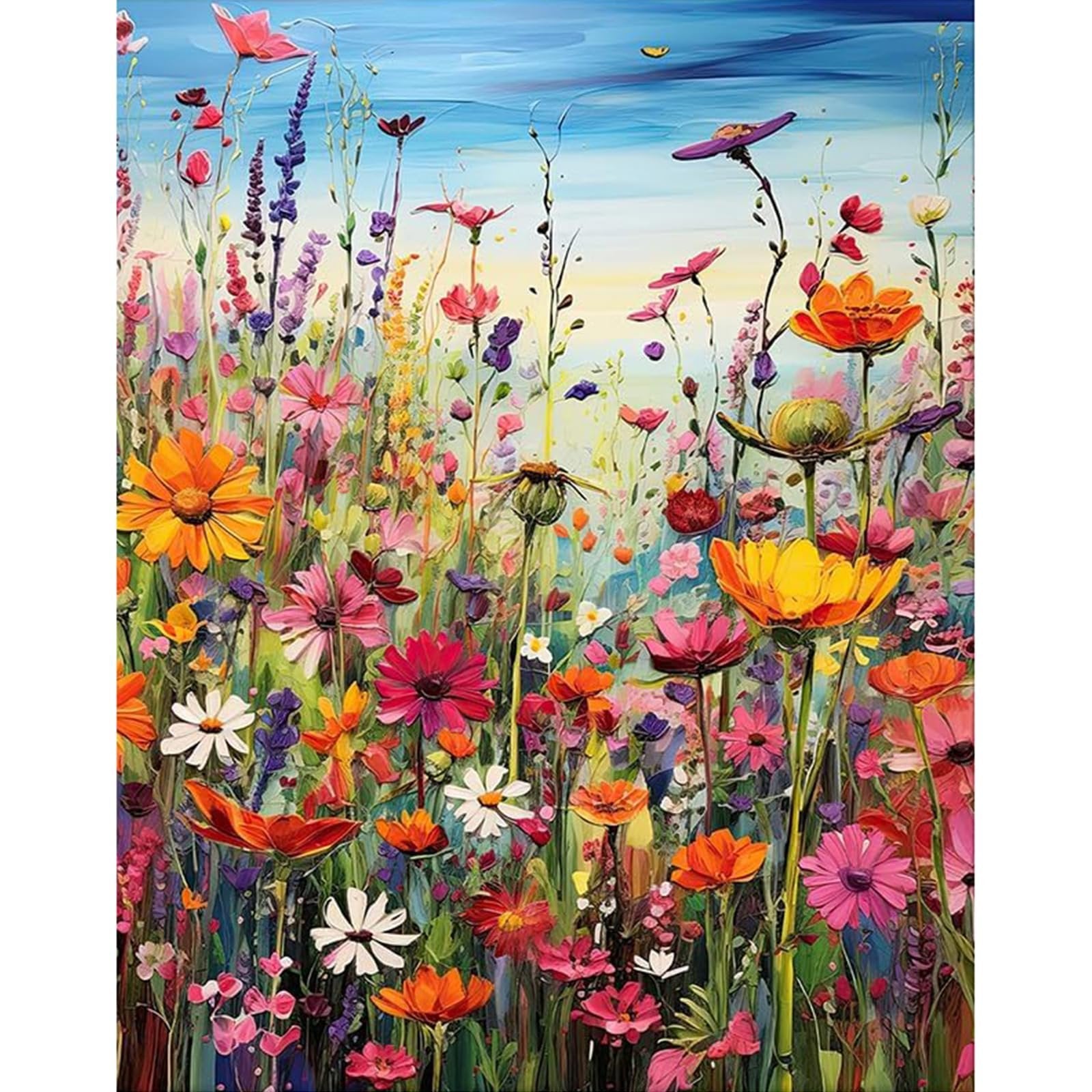 Impressionistic painting of a vibrant field of wildflowers under a blue sky.