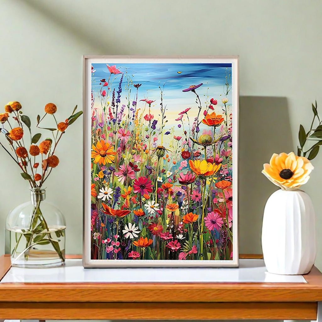 Framed painting of a vibrant field of wildflowers under a blue sky, displayed on a shelf with vases of flowers.