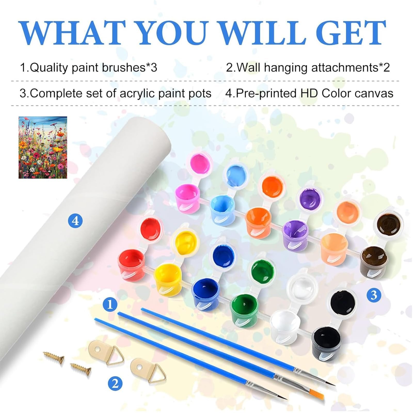 Paint by numbers kit contents including paint pots, brushes, canvas, and hanging hardware.