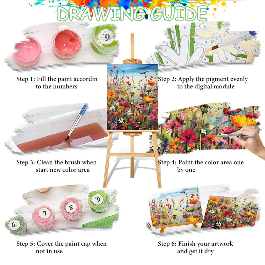 Paint by numbers drawing guide showing steps with paint pots, brushes, and finished artwork.