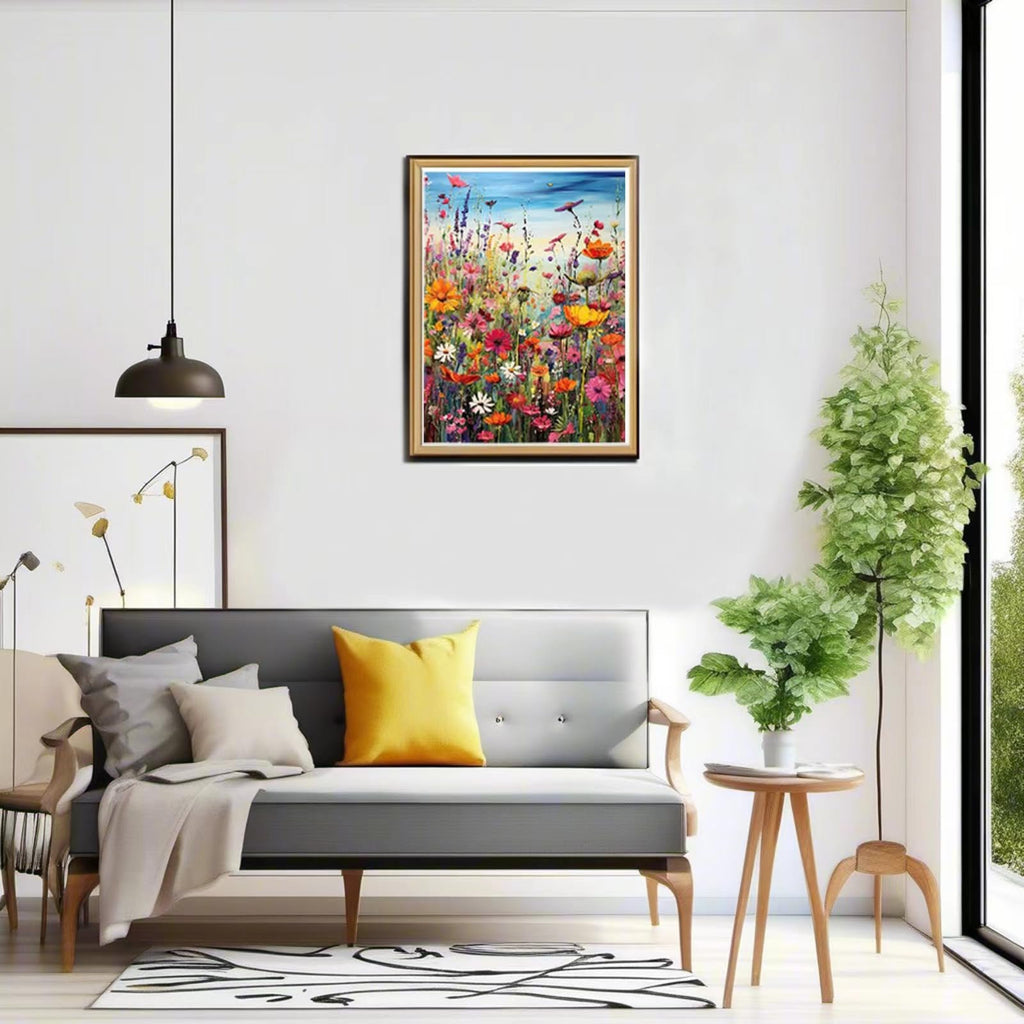 Framed painting of a vibrant field of wildflowers hanging on a wall above a sofa with decorative pillows.