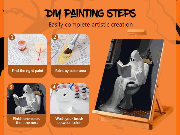 Paint by numbers kit instructions showing four steps: find paint, paint by color, finish one color, wash brush, with finished painting of a ghost on a toilet.