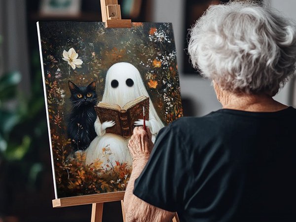 Elderly person painting a canvas featuring a ghost reading a book next to a black cat.