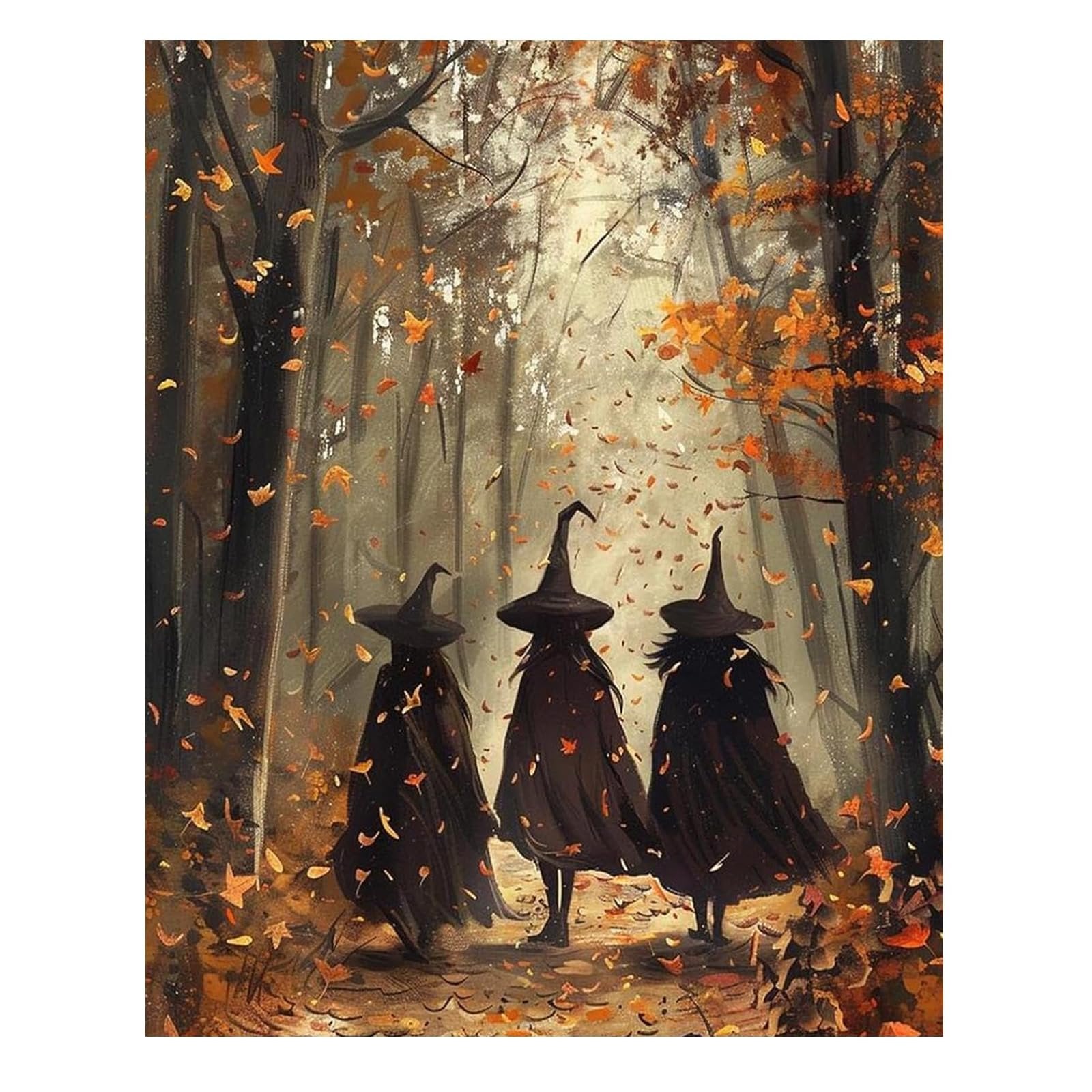 Three figures in witch hats and cloaks walk through an autumn forest with falling leaves.
