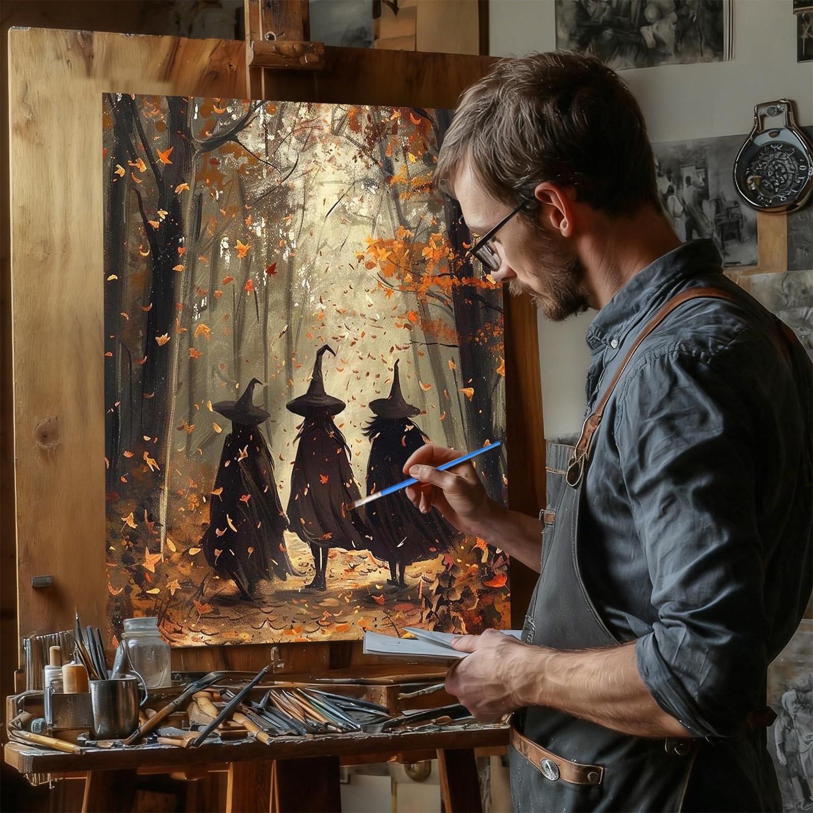 Artist painting a witch-themed fall forest scene on canvas, holding a brush and palette.