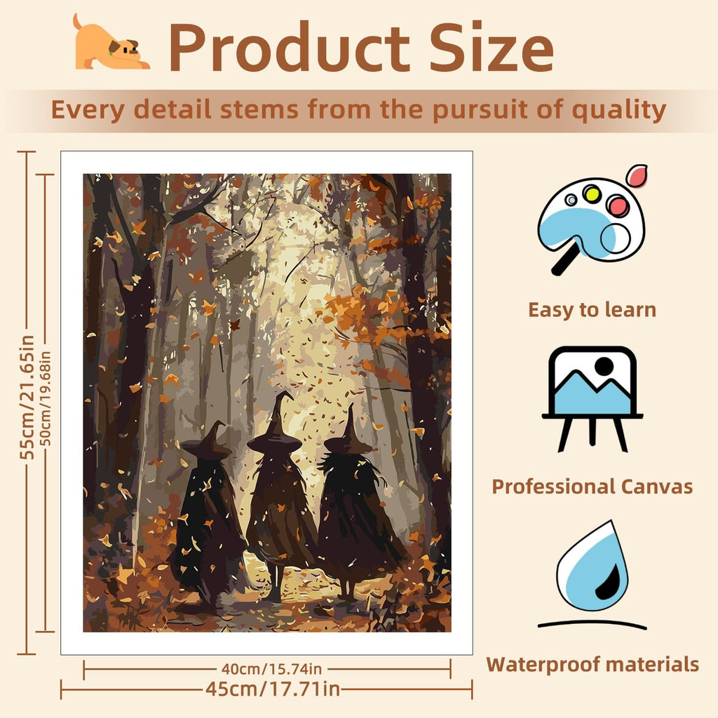 Paint by numbers canvas showing three figures in witch hats walking through an autumn forest with sunbeams.