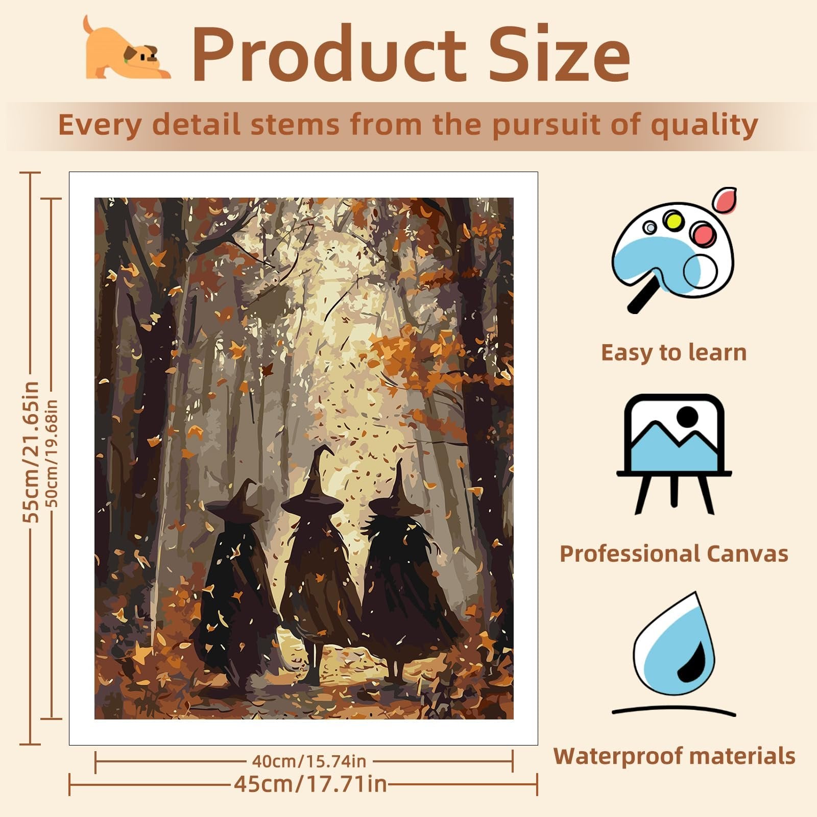 Paint by numbers canvas showing three figures in witch hats walking through an autumn forest with sunbeams.
