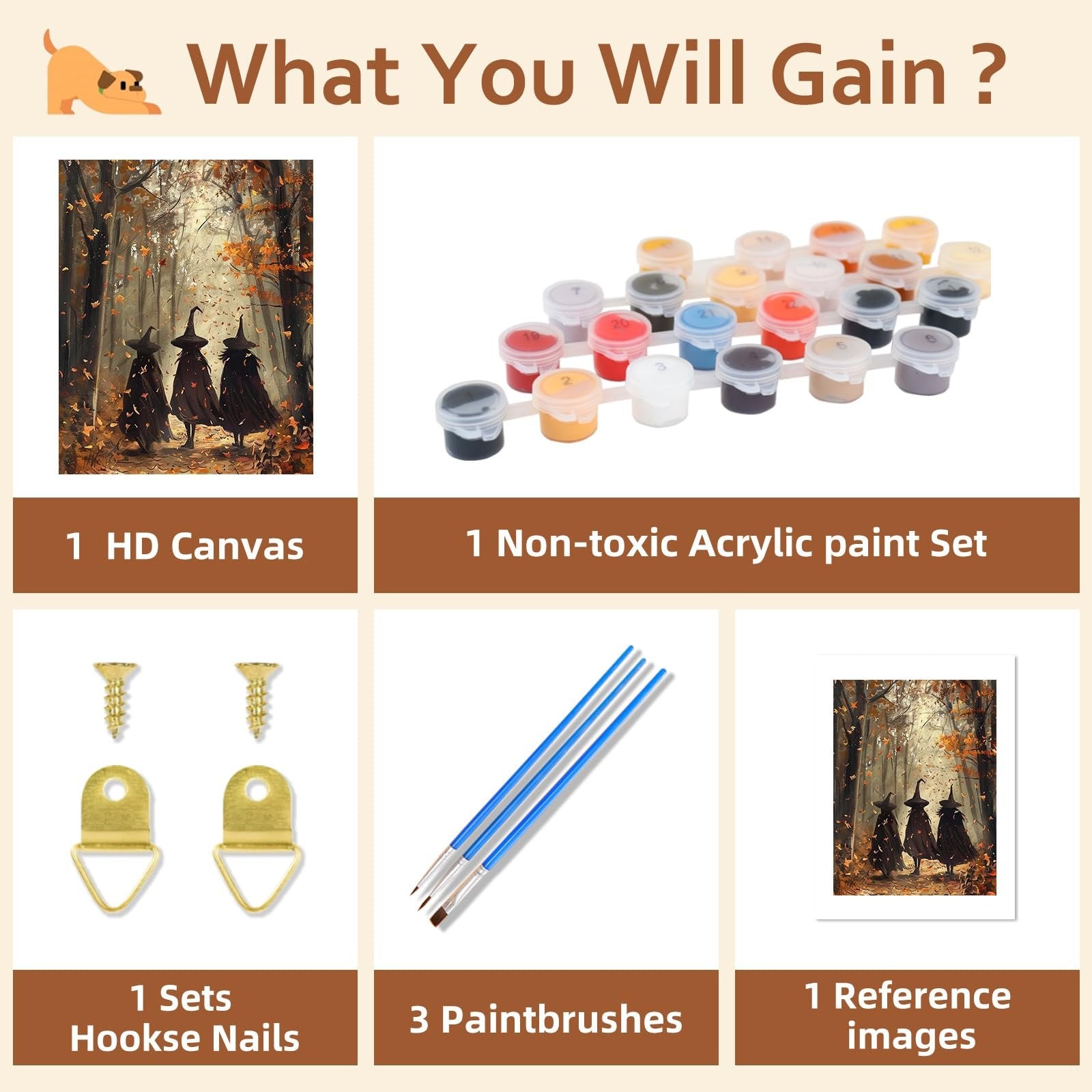 Paint by numbers kit contents: canvas, acrylic paints, brushes, hooks, and reference image. The artwork depicts three witches in a forest.