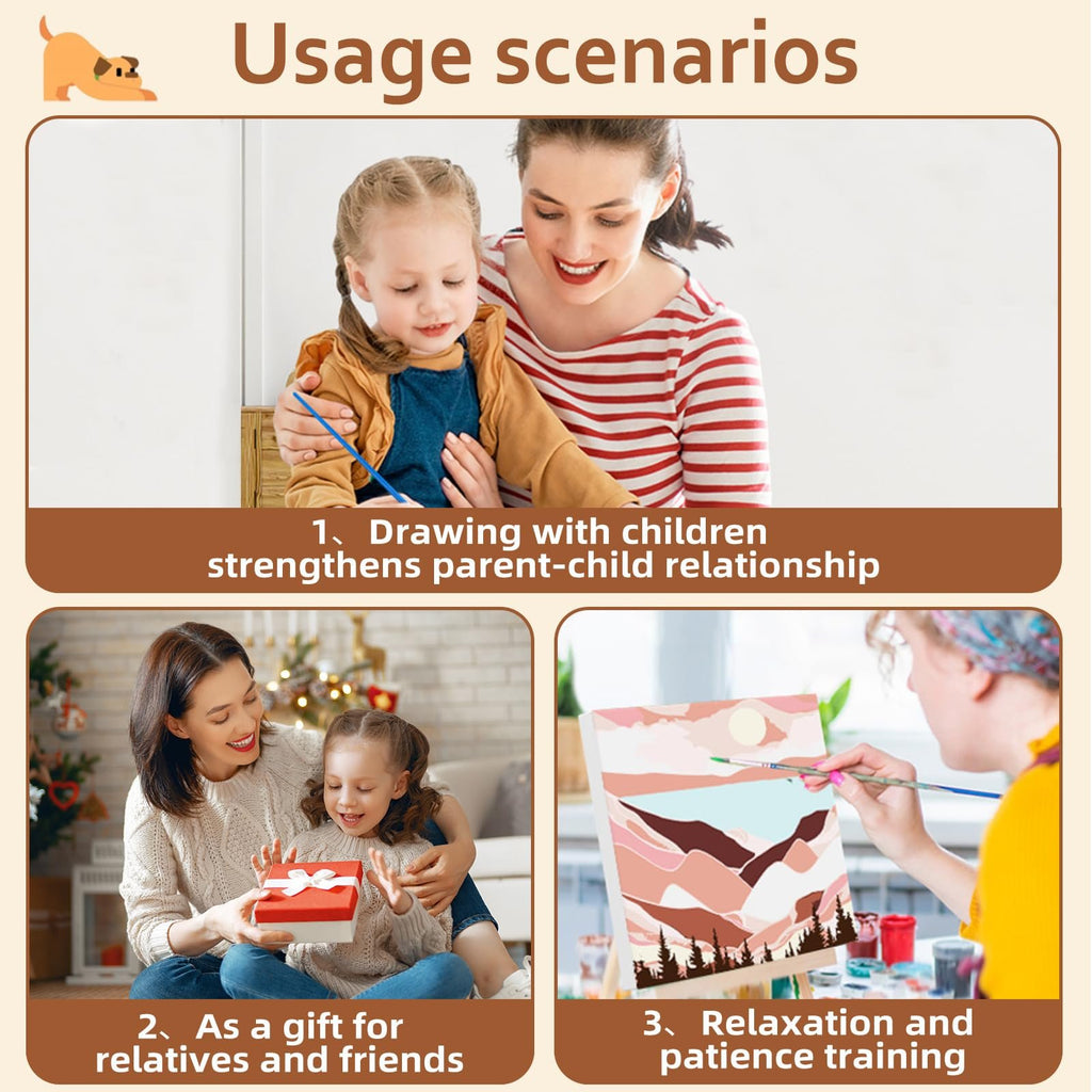Collage showing three usage scenarios for a paint by numbers kit: mother and child painting, mother giving a gift to child, and a person painting a landscape.