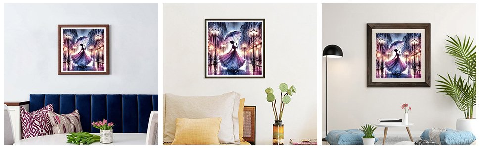 Diamond painting of a woman with an umbrella on a city street at night, framed and displayed in three different home settings.