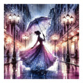 Diamond painting kit featuring a silhouette of a woman holding an umbrella on a rainy city street with lampposts.