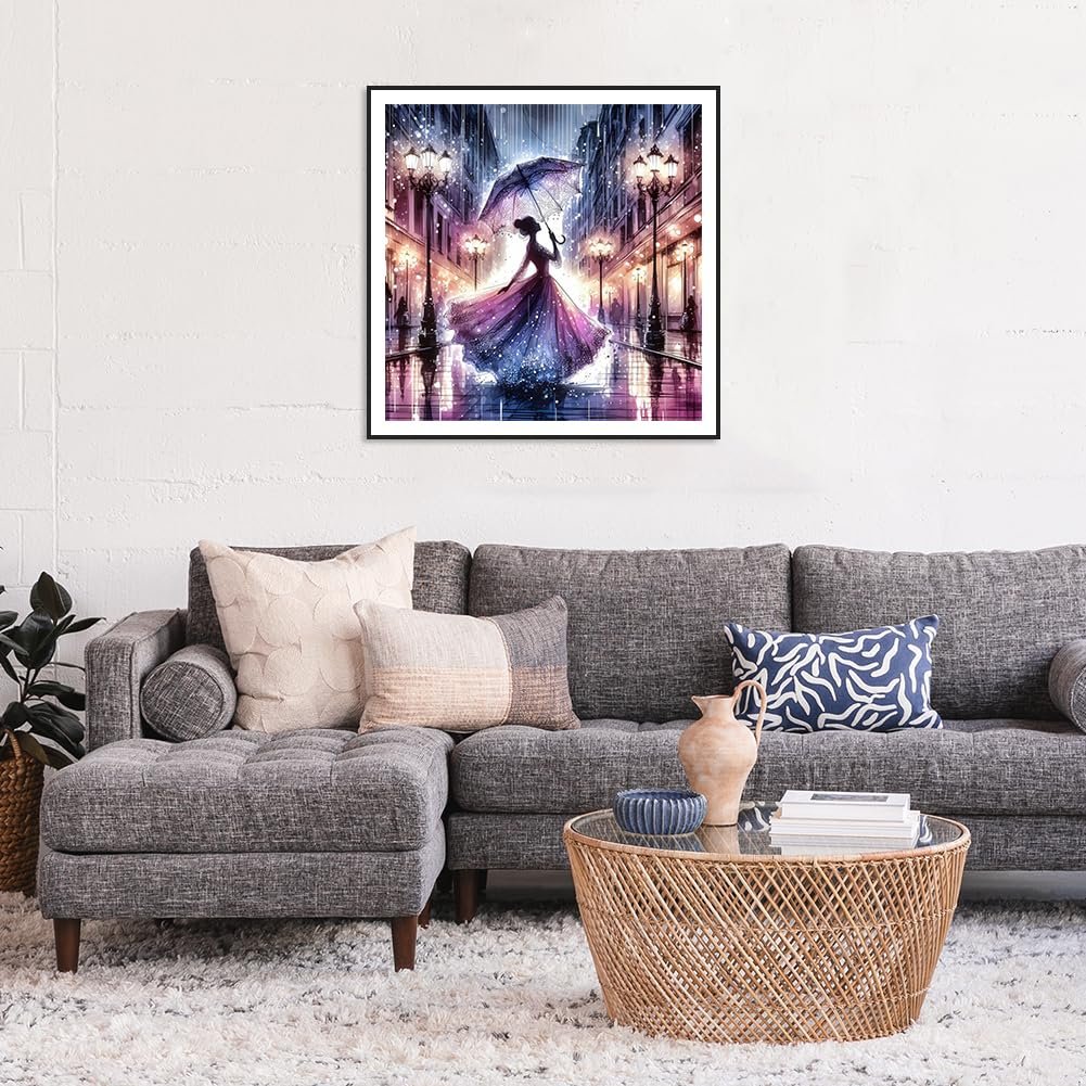 Woman with umbrella walking on a wet city street at night, diamond painting art