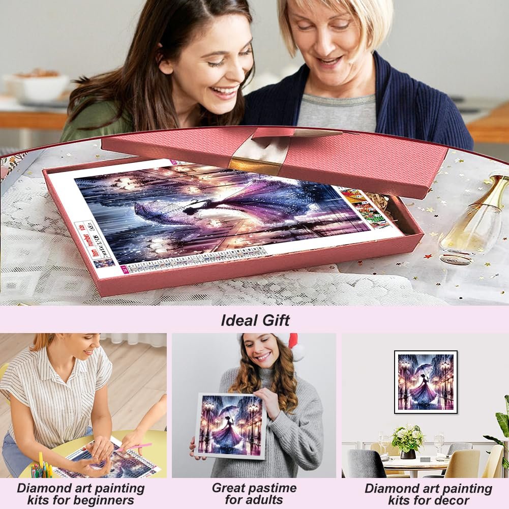 Two women looking at a diamond painting kit in a box, with three smaller images below showing diamond art painting activities and finished pieces.