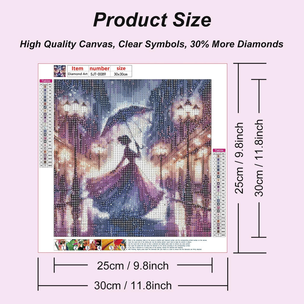 Diamond painting kit showing a woman in a purple dress holding an umbrella in a city at night, with size and color key charts.