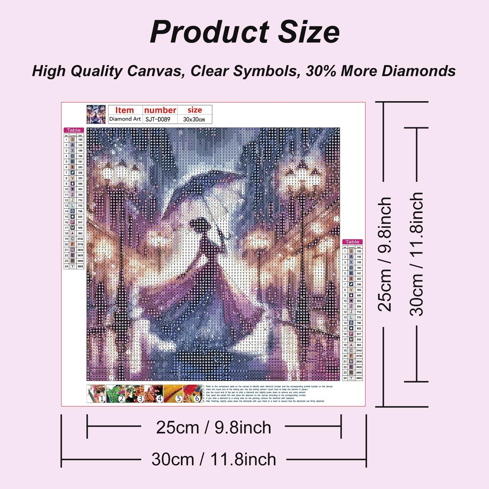 Diamond painting kit showing a woman in a purple dress holding an umbrella in a city at night, with size and color key charts.