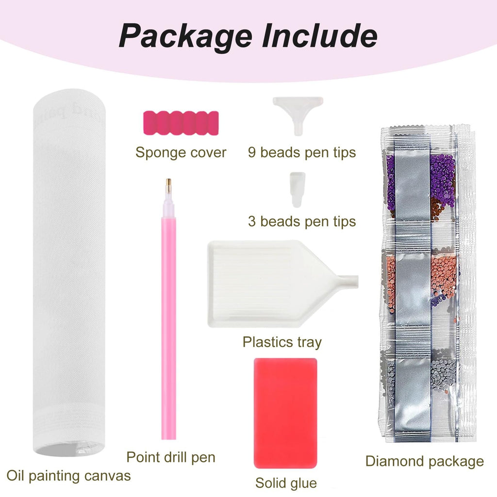 Diamond painting kit contents laid out, showing canvas, drill pen, tray, glue, and diamond packages.