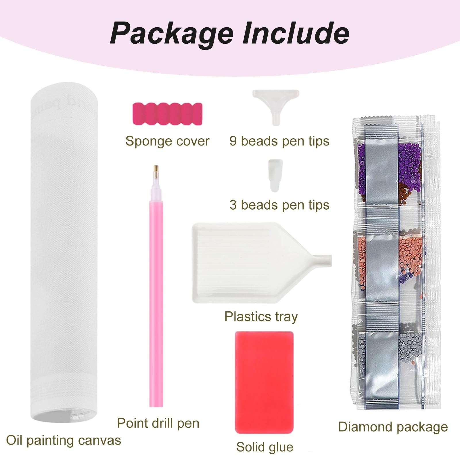 Diamond painting kit contents laid out, showing canvas, drill pen, tray, glue, and diamond packages.