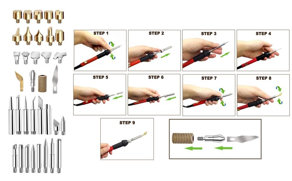 Wood burning kit components and assembly instructions, showing various tips and a pen.