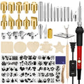 Wood burning kit with various tips, wood slices, stencils, and a burning pen on a white background.