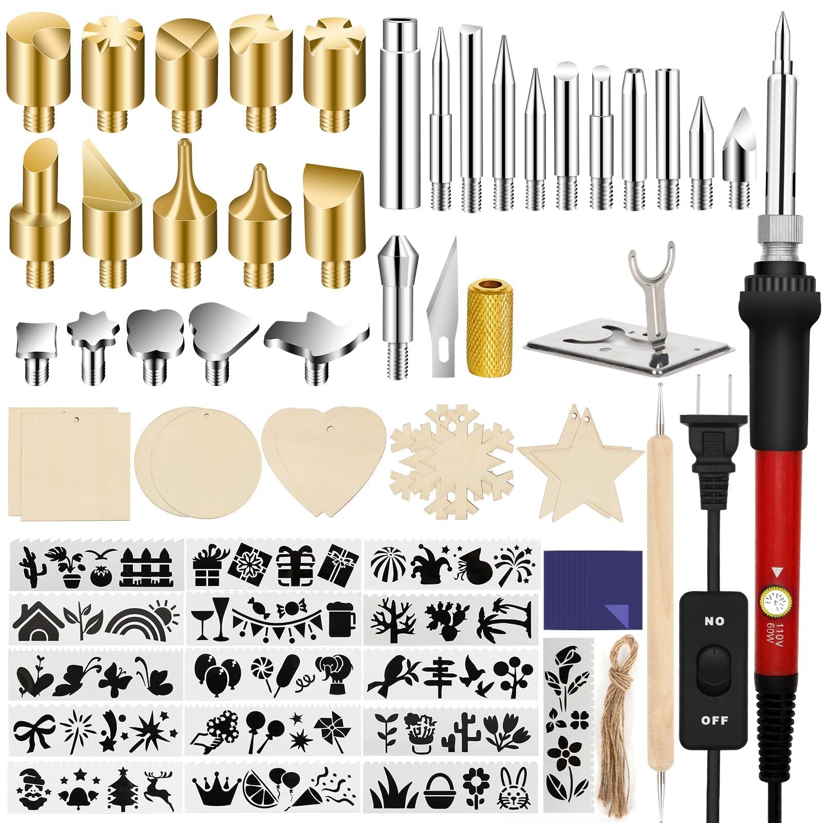 Wood burning kit with various tips, wood slices, stencils, and a burning pen on a white background.