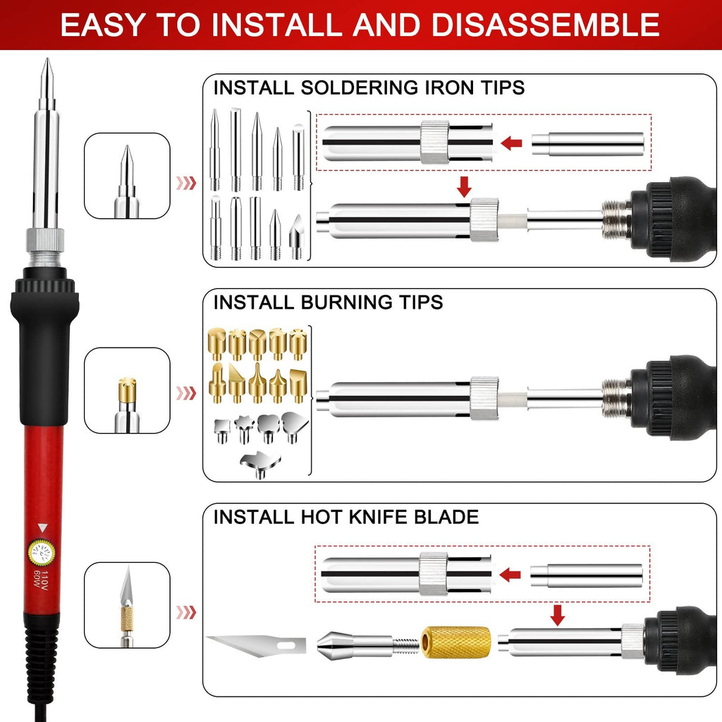 Wood burning kit showing installation of soldering iron tips, burning tips, and hot knife blade.