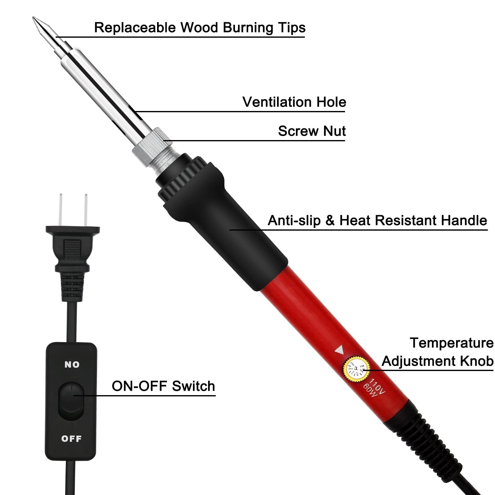 Wood burning pen with temperature adjustment knob and on-off switch, showing replaceable tips and handle details.