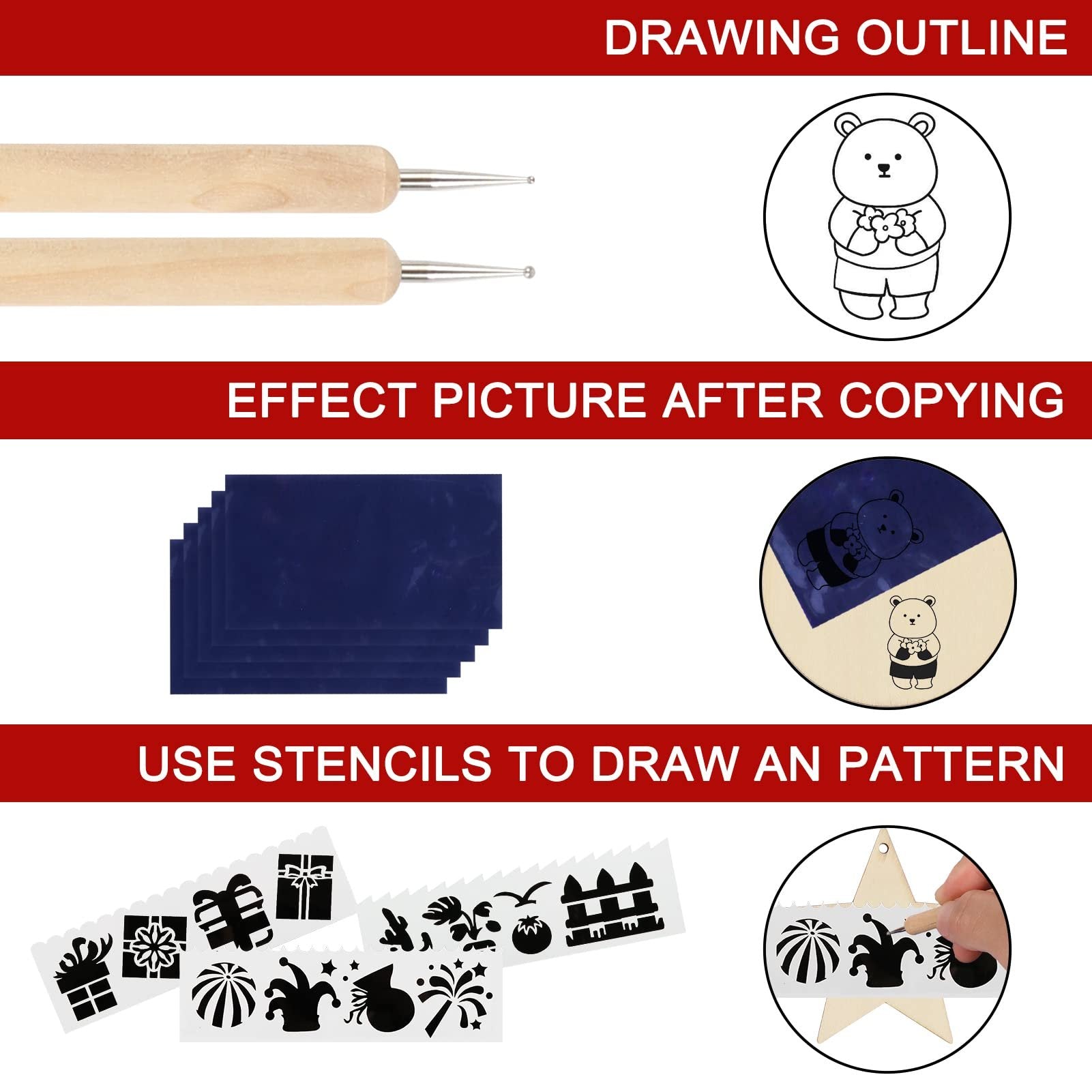 Wood burning kit demonstration showing tools, carbon paper, stencils, and a hand using a stencil on a wooden star.