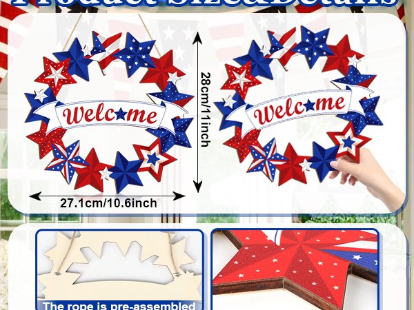 Wooden star wreath with 'Welcome' banner, showing dimensions 27.1cm/10.6inch and 28cm/11inch.