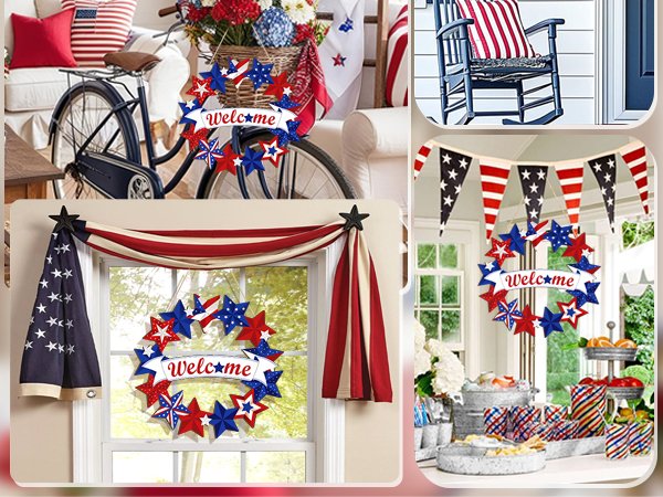 Collage of 4th of July decorations including a star wreath, bunting, and patriotic home decor.