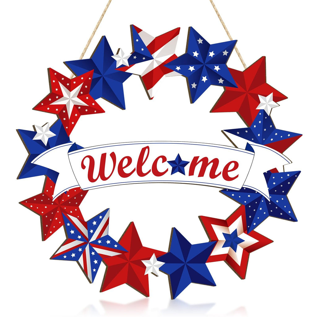 Wooden 4th of July star wreath with 'Welcome' banner, red, white, and blue patriotic decoration