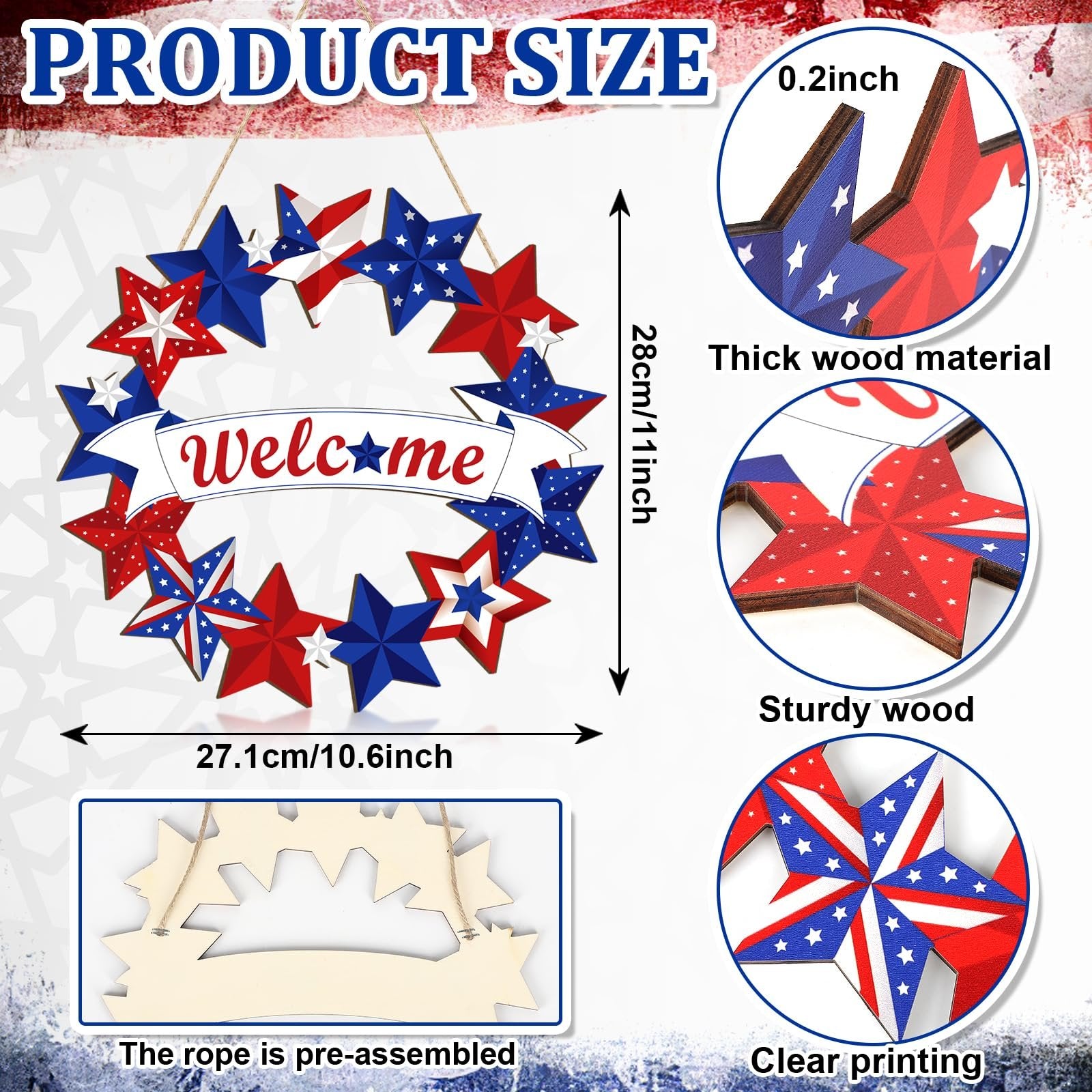 Wooden 4th of July star wreath with 'Welcome' banner, showing dimensions and material details.
