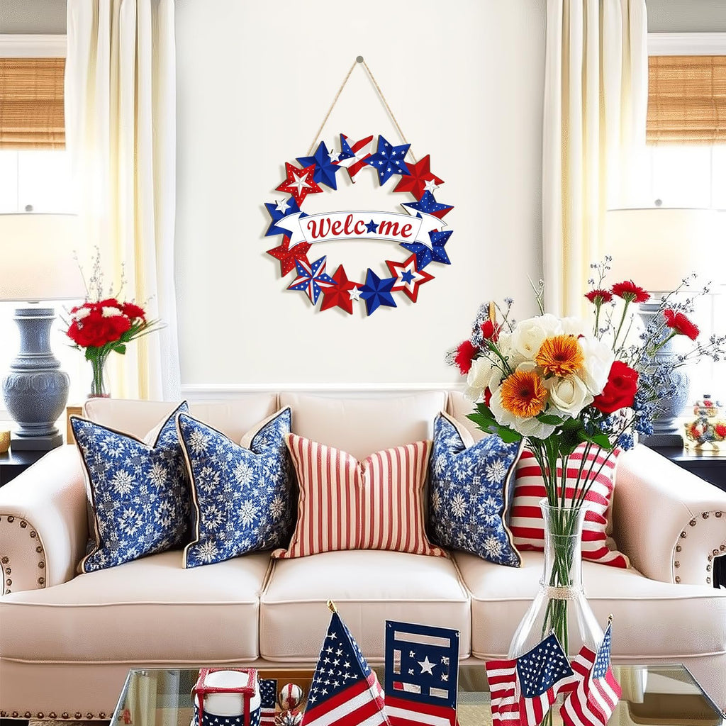 Wooden star wreath with 'Welcome' banner hanging on a wall above a sofa with patriotic decor.