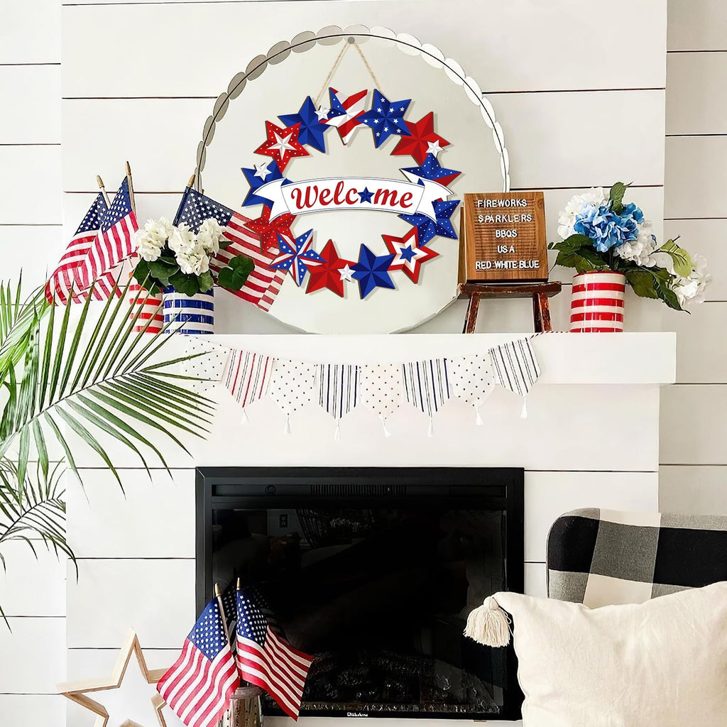 Fourth of July themed mantelpiece with a star wreath, American flags, and floral arrangements.