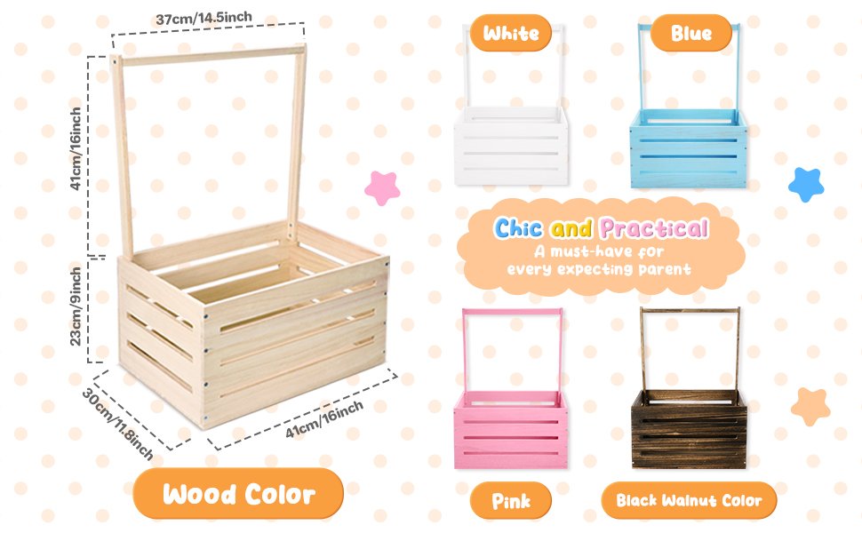 Wooden baby shower crate with handle shown from multiple angles and in different colors, with dimensions labeled.