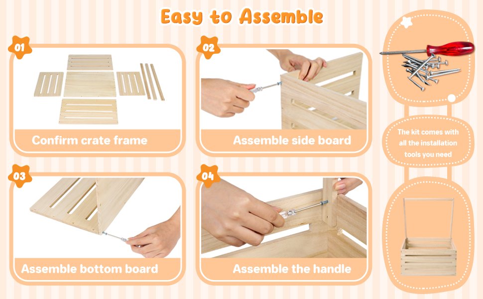 Wooden baby shower crate assembly instructions with four steps and included tools.
