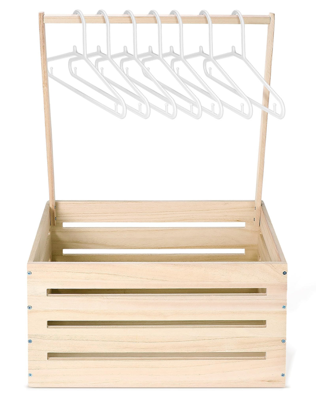 Wooden baby shower crate with a rack of white hangers inside, front view