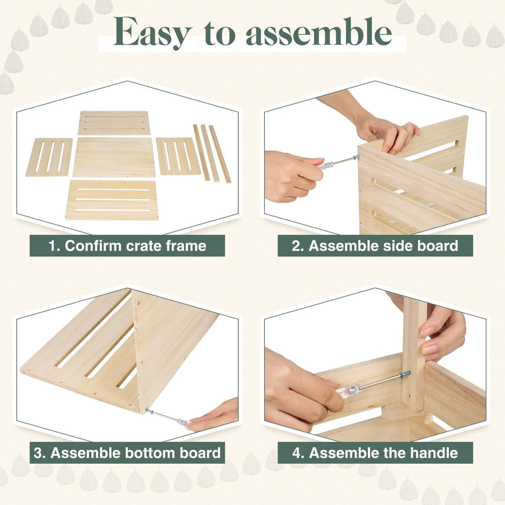 Assembly instructions for a wooden baby shower crate, showing parts and steps to confirm frame, assemble side, bottom, and handle.